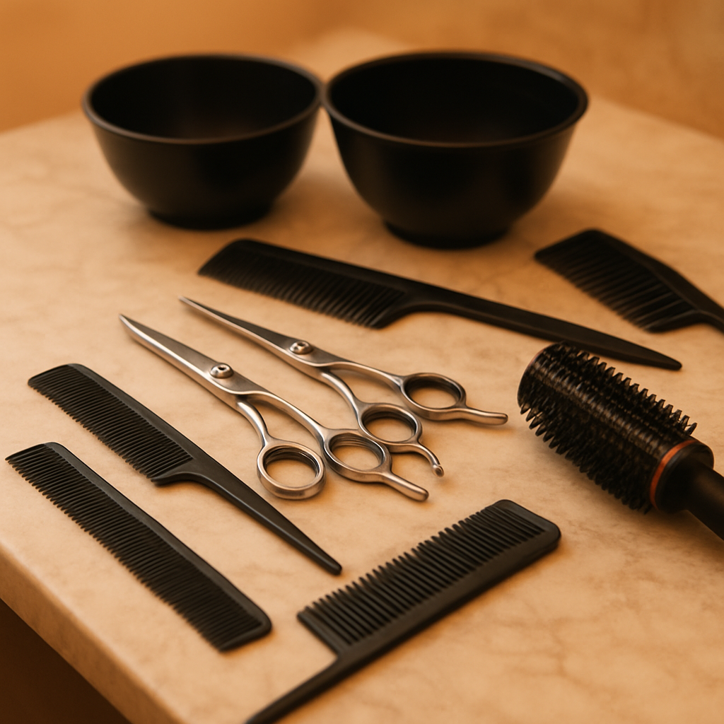 Professional hair styling tools neatly arranged on a marble countertop at Windvane Hair Salon