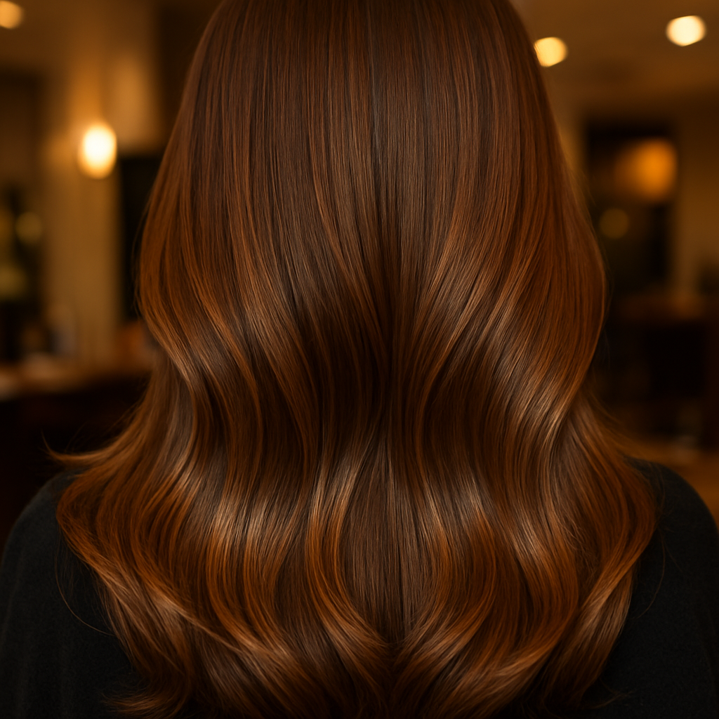 Freshly cut and styled hair with smooth silky locks under warm salon lighting