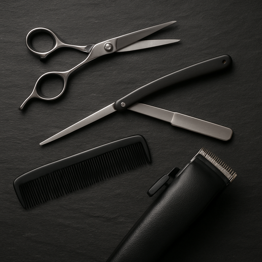 Professional barbering tools including scissors, comb, and clippers arranged on dark slate