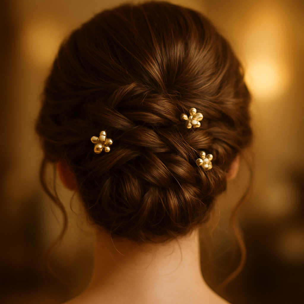 Elegant updo hairstyle pinned with decorative pins under warm golden salon lighting