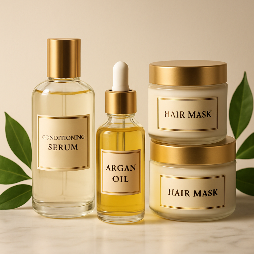 Luxurious hair treatment serums and conditioning products arranged on a marble surface